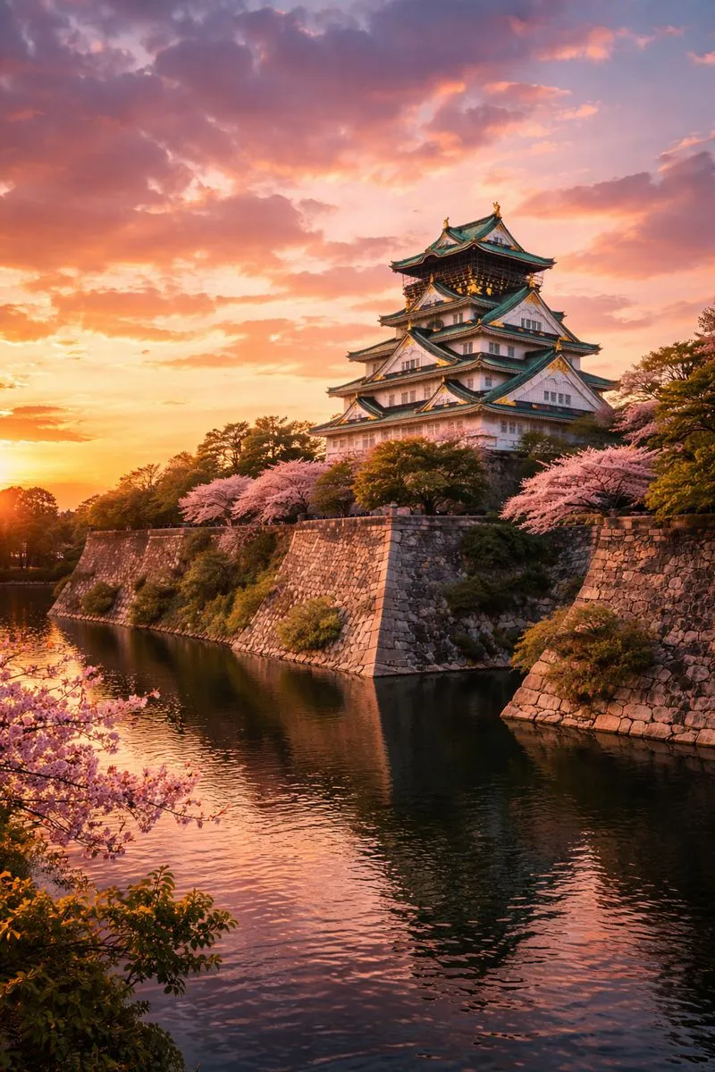 Osaka Castle moat at sunset
