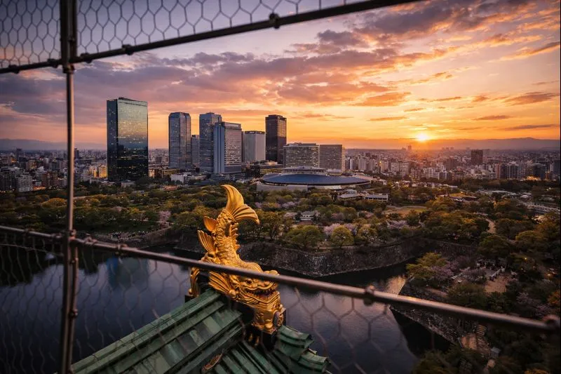 Panoramic views of Osaka city skyline from the 8th floor castle museum observation deck